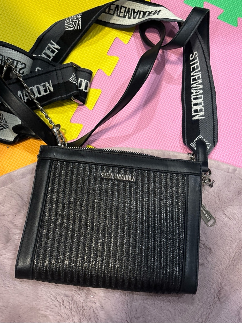 Steve Madden Black Woven Crossbody with Branded Webbing Strap